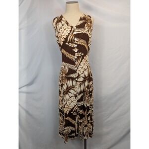 Dressbarn Dress Womens 14 Brown Beige Tropical Leaf Button Front Crinkle Maxi